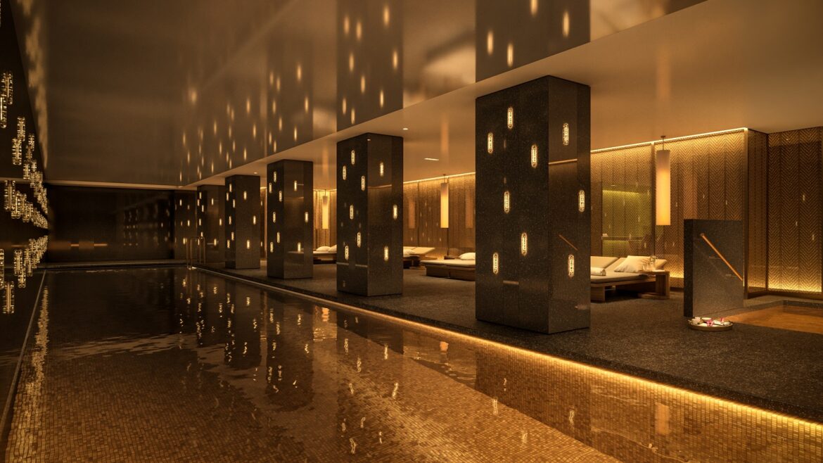 pool and lighting with loungers on the side in spa at Mandarin Oriental Mayfair, London,