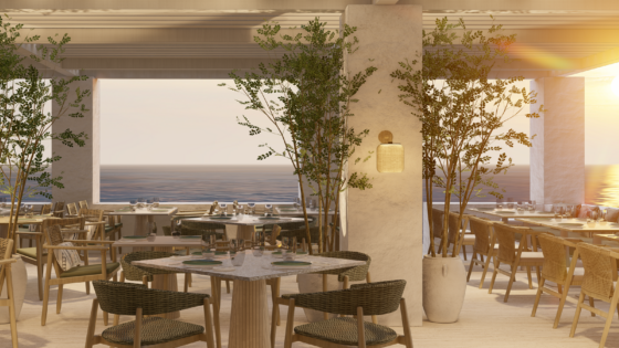 render of outdoor dining terrace in stone and wood with plants and view over the sea on Patmos island Greece