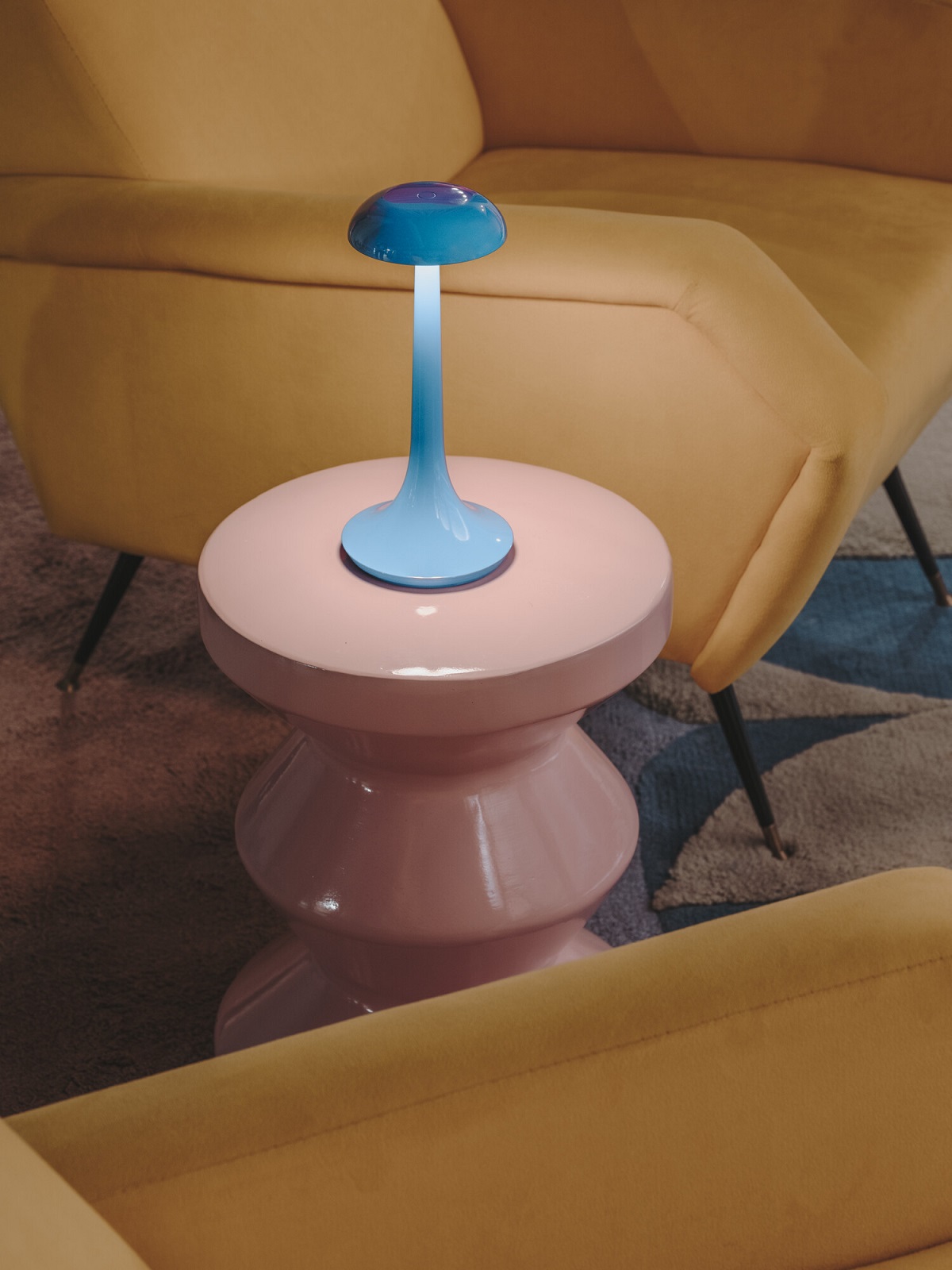 turquoise glass Portobello table lamp on blush pink table