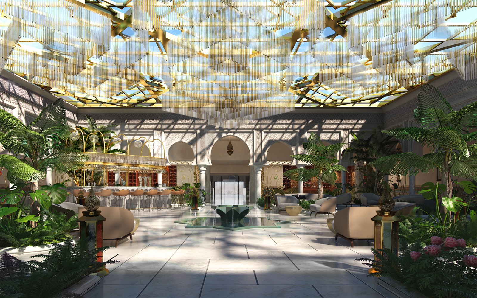 central lobby in Four Seasons Hotel Rabat at Kasr Al Bahr with fountain, plants and glass covered roof