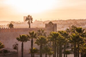 view of palm trees and castle walls in Rabat Morocco