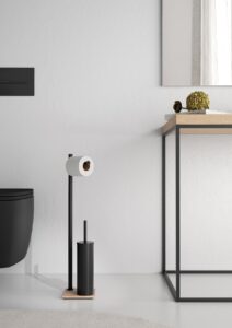minimalist black bathroom butler with bamboo surface from Hyperion tiles