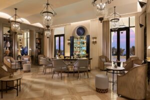 the St Regis Bar with marble floor, sea views and moroccan lanterns