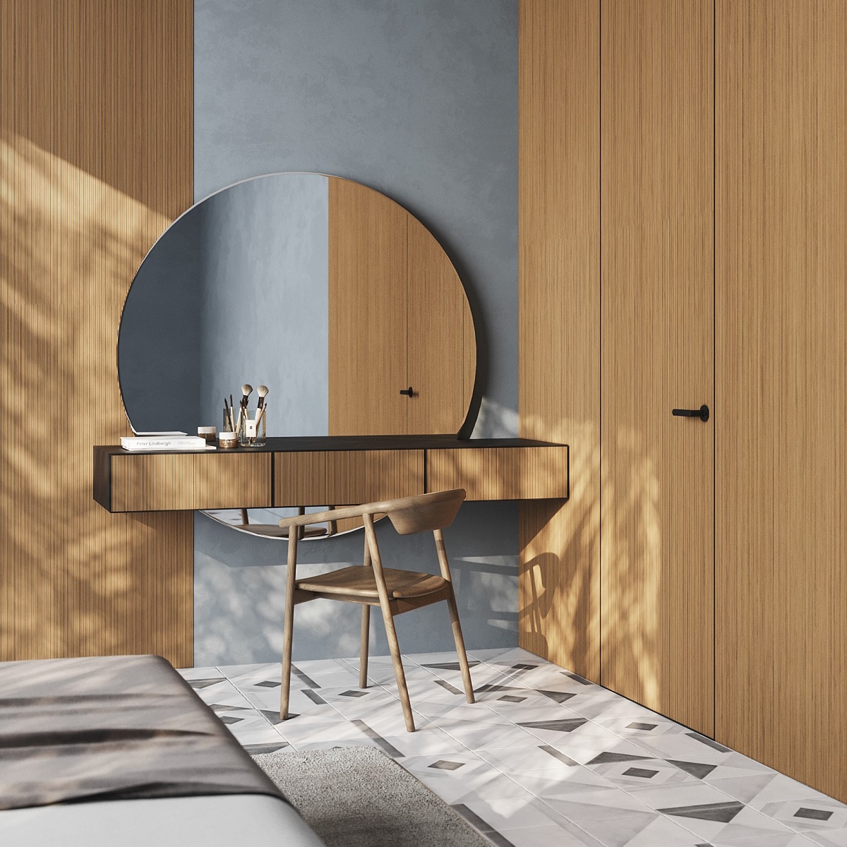light wood veneer surfaces on wardrobe and vanity in bedroom with patterned tile floor