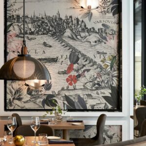 decorative wallcovering from Newmor on a panel in restaurant in Hotel Puro