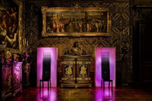 a Waldemeyer lighting installation at Chatsworth House lighting chairs