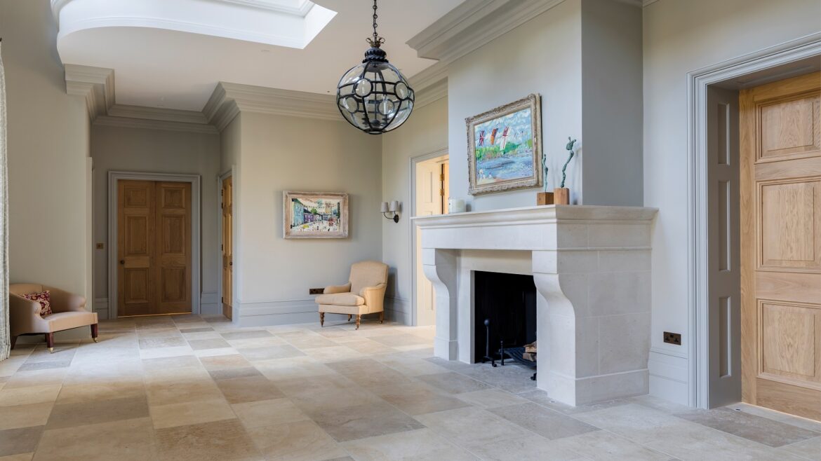 Ca Pietra Cote Bourgogne limestone floor from Hyperion tiles in entrance hall with fireplace