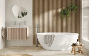 crosswater bathroom in white and wood with plants