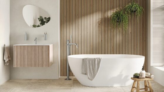crosswater bathroom in white and wood with plants