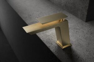 Crosswater basin mixer in brushed brass with textured surface