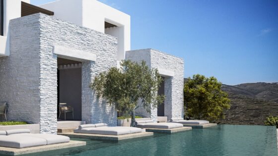 square white guestrooms at Odera on Tinos leading onto infinity pool