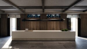 minimalist reception area and desk at Odera in stone and wood