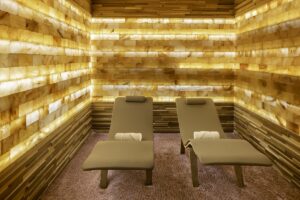 Himalayan salt therapy room with reclining spa beds