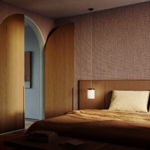 bedroom with wooden arched doors and wooden bed with arte textured wallcovering in rust