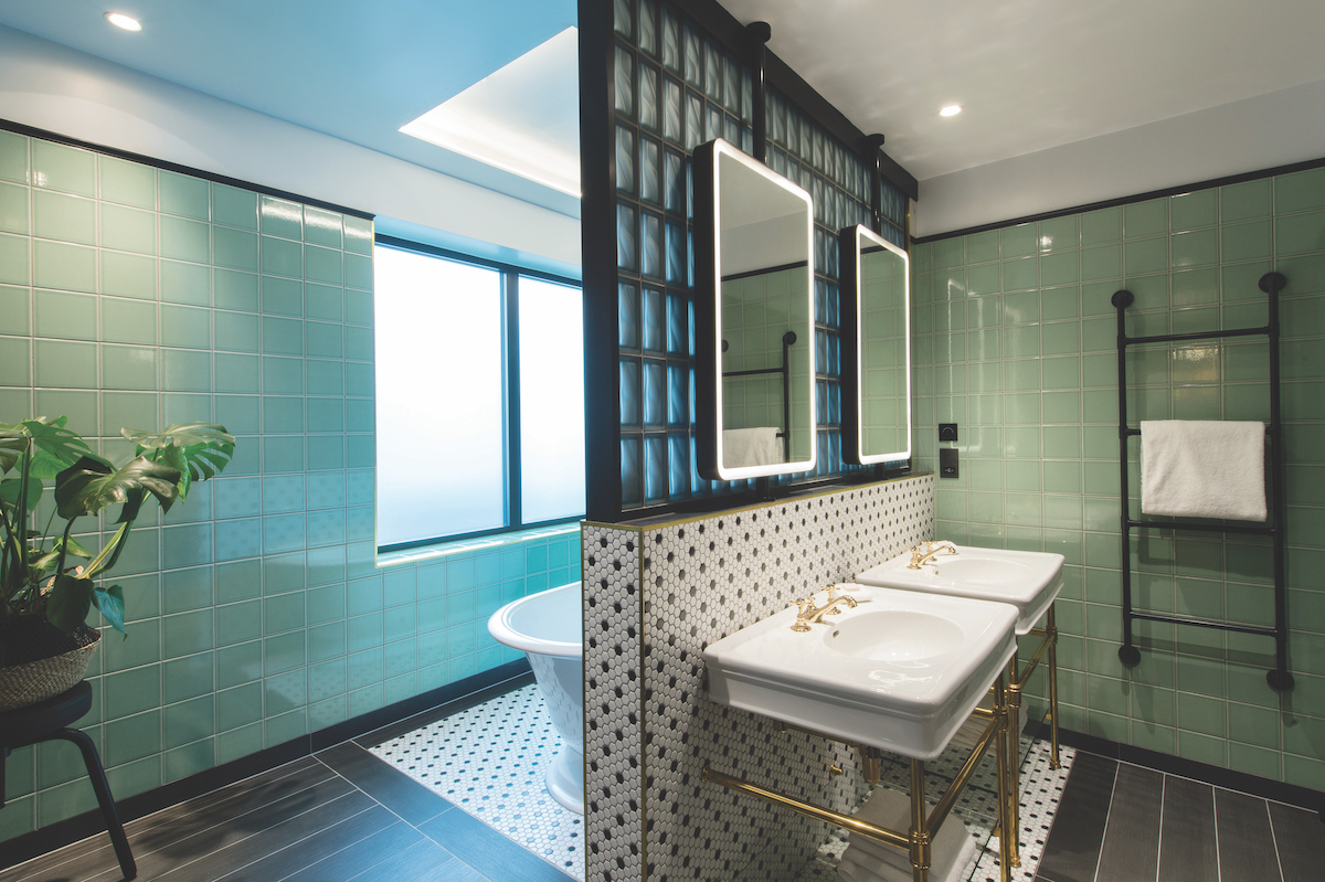 Image caption: Bathroom inside Clayton Hotel, London – designed by Studio Moren. | Image credit: Studio Moren