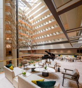 dramatic sculptural and architectural elements in atrium at Conrad Singapore Orchard