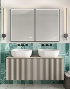double basins on wall hung vanity unit below double backlit mirror from Crosswater