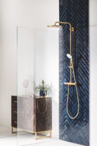black tiles wall in clear glass shower with brass shower fittings