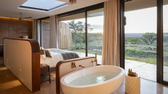 open plan bath and bedroom in safari lodge with views over the bushveld