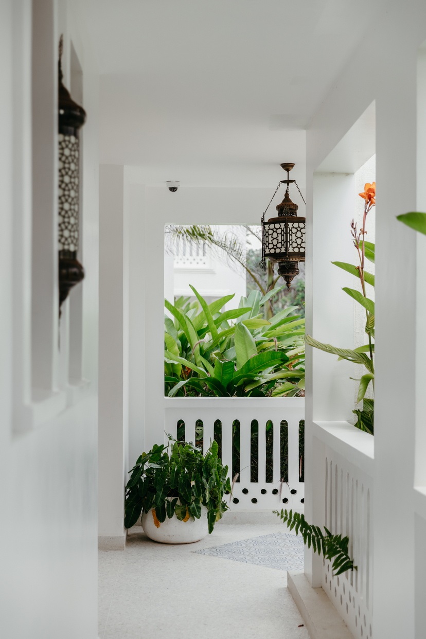 white verandah with moorish lantern and plants
