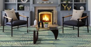organic green patterned carpet by Modieus in lounge setting with fireplace