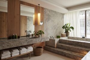 penthouse bathroom with surfaces in stone, wood and brass and steps up to giant bath