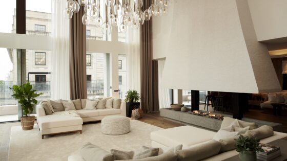 lounge and seating in front of glass doors in penthouse at 1 Mayfair