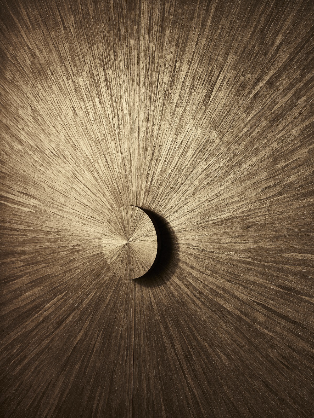 detail of Starburst wooden veneer handmade wall covering from the studio of Fameed Khalique