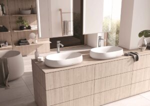 light wood bathroom vanity with double basin from TOTO