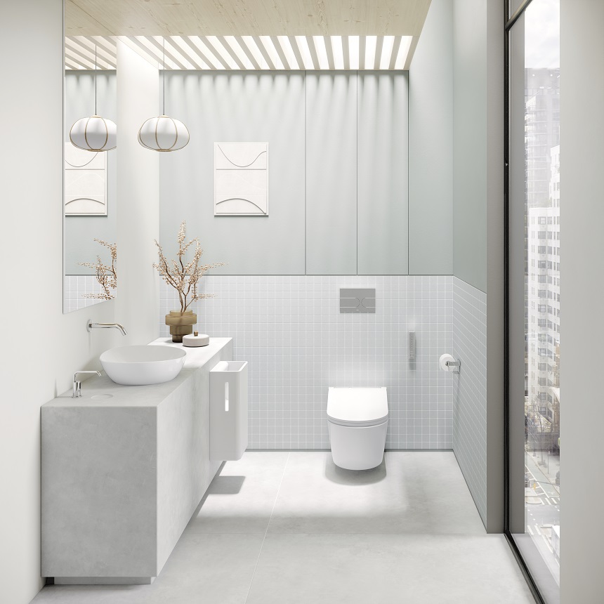 touch free bathroom fittings in white-on-white bathroom design
