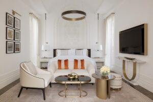 white cream and gold hotel guestroom