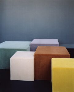 coloured blocks covered in Dedar alpaca plain fabrics from its 2024 collection