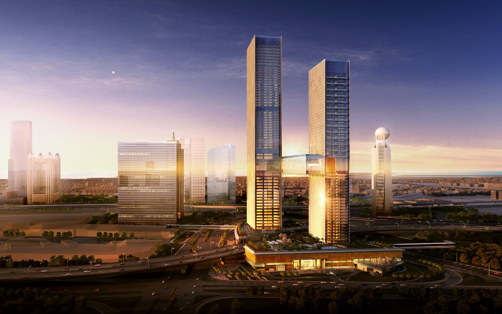 sunset of Dubai skyline, showing new SIRO hotel inside large mixed-use development