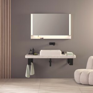 wall mounted bathroom vanity with square surface basin below rectangular mirror