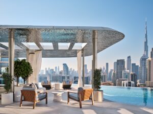 swimming and roof terrace overlooking the Dubai skyline