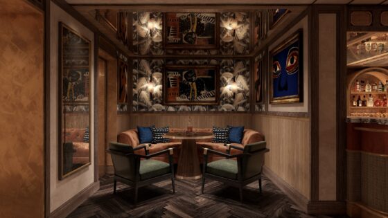 cgi image of corner of bascule bar in cape grace in low light and warm colours