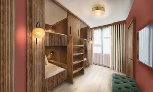 render of Bunk room bunkbeds with wooden frame and terracotta walls in Mollies Manchester