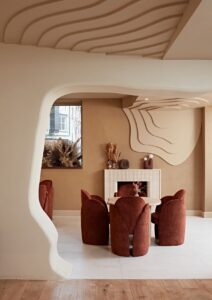 decorative ceiling and curved ceiling and wall details in Curve Club design by KAI Interiors