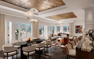 decorative ceiling in dining area and lounge with view across cape town and bar seating by kitchen in suite