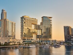 view from the waterfront of the exterior of The Lana Dubai