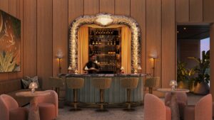 render of hotel bar in evening light against panelled wall