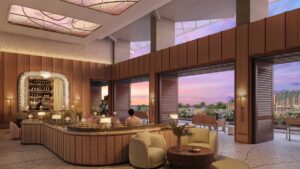 rendering of proposed hotel renovation with curved bar counter and soft seating