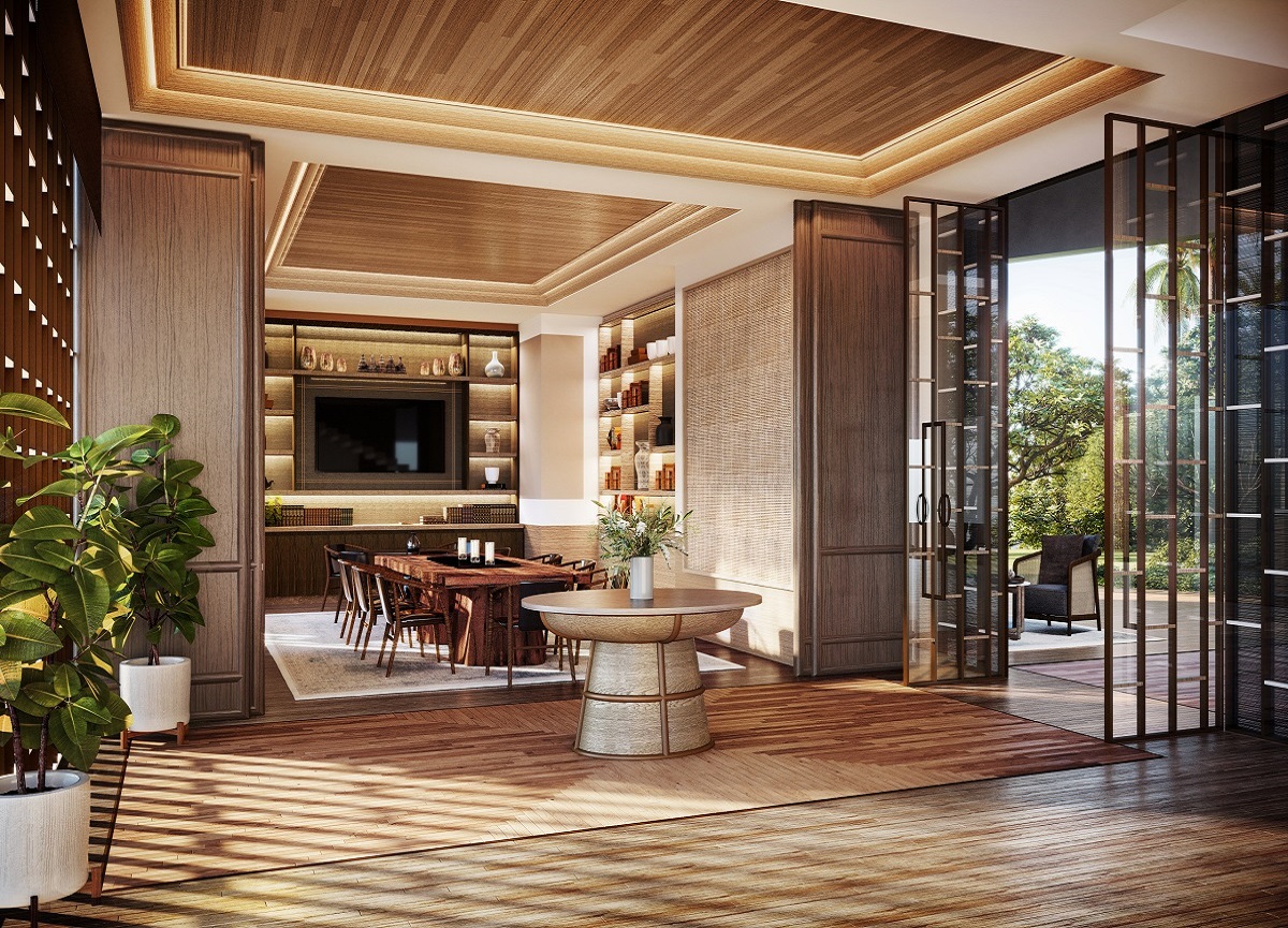garden lounge with doors leading outside in Aman Nai Lert residences