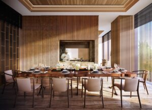 wood panelled walls and filtered light in Aman Nai Lert Bangkok Residences - Residents-only, Private Dining Room