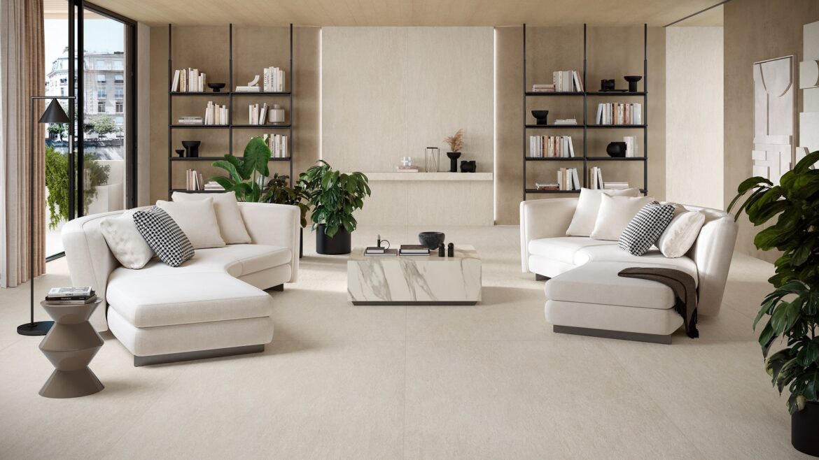 contemporary apartment in cream and natural surfaces with stone floor tiles from Atlas Concorde