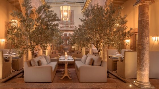 soft lighting in hotel courtyard with couches, columns and olive trees at Casa Alondra