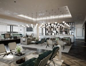 render of hotel interior with architectural lighting feature above seating