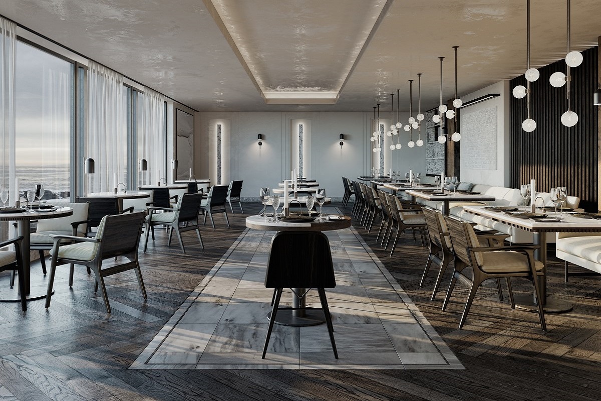 dining area in hotel with central grey tiled insert in wooden floor