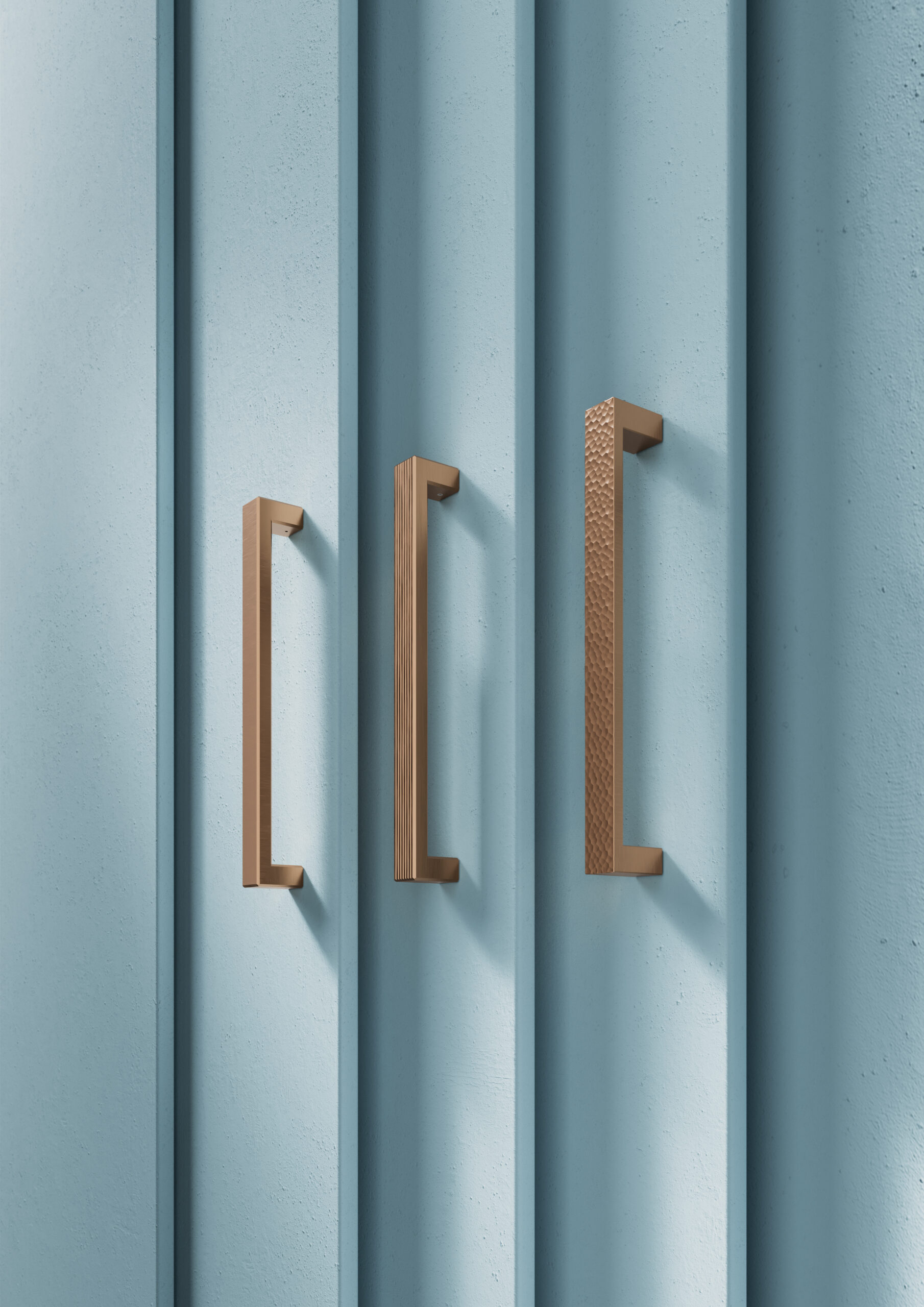 Pale blue doors with brass handles from Crosswater