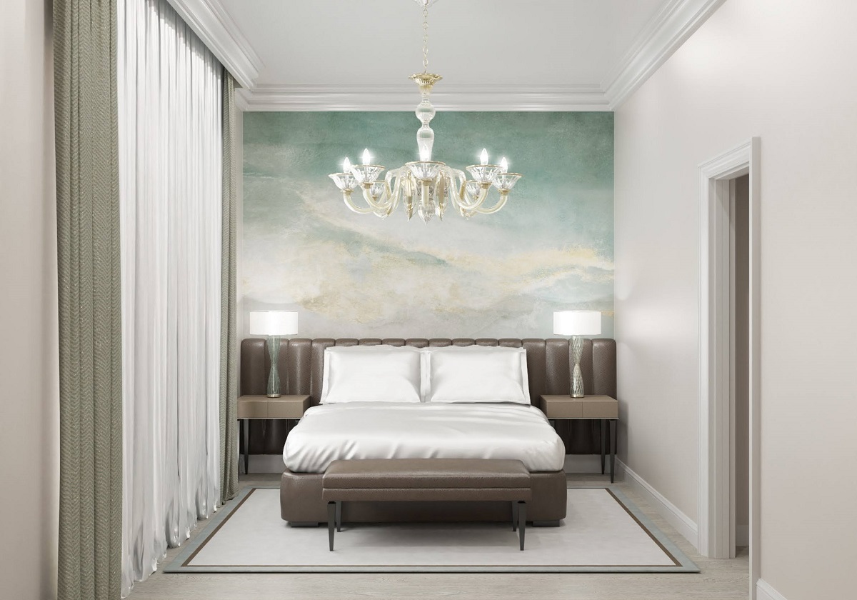 render of guestroom in hilton Venice with wallpaper mural behind bed and glass chandelier above